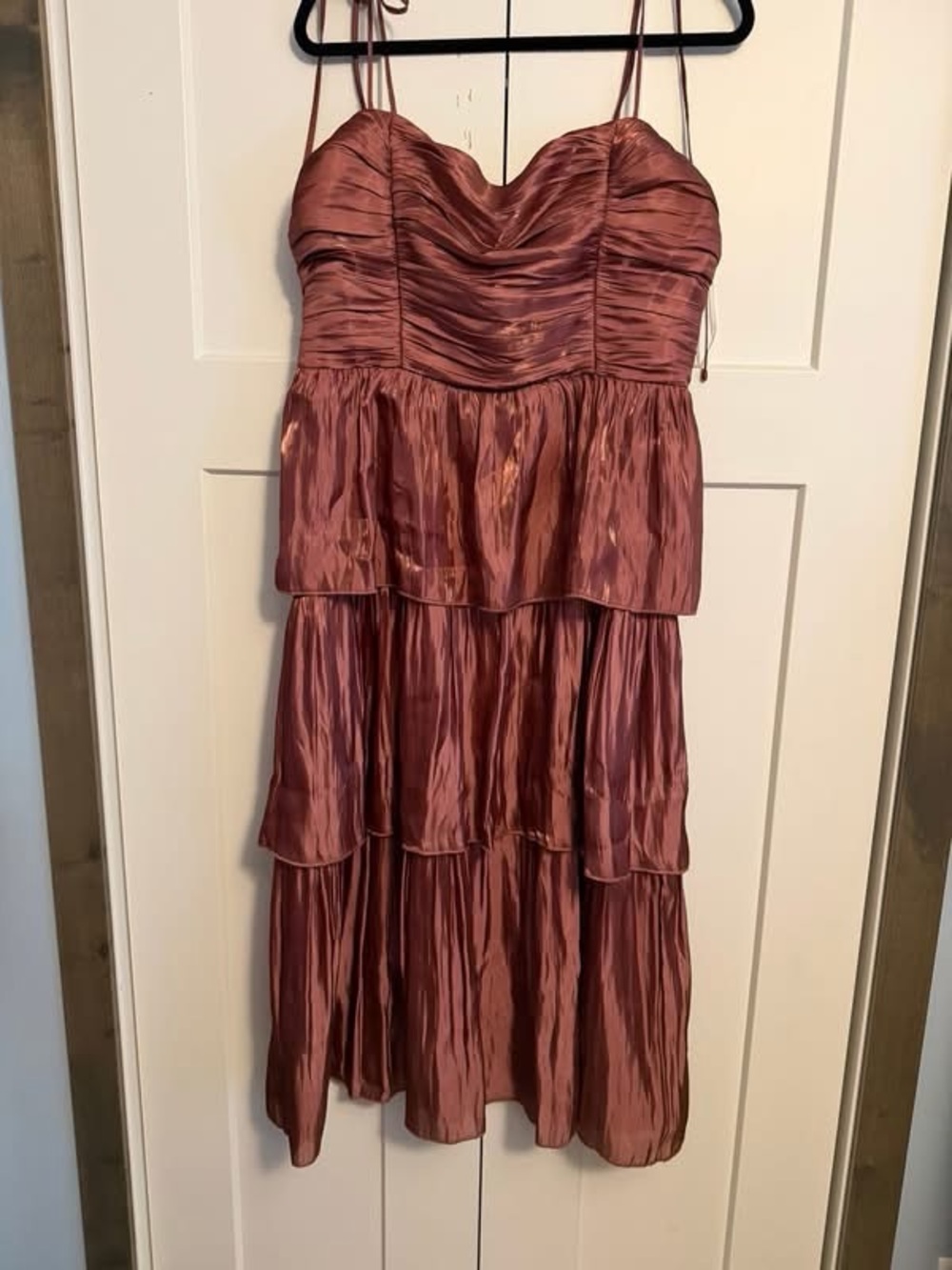 Lulu's Dusty Rose Tiered Strapless Satin Dress